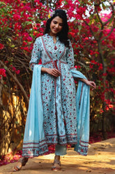 Blue Cambric Printed A-line Kurta Pant Dupatta Set with Mask