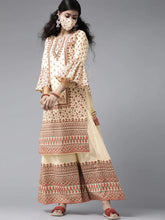 Cream Cambric Floral Print High-Low Kurta Palazzo Set With Mask