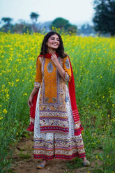 Mustard Cambric Printed Straight Kurta Palazzo Dupatta Set