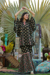 Black Cambric Floral Print Tunic Sharara Set With Mask