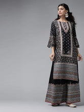 Black Cambric Floral Print High-Low Kurta Palazzo Set With Mask