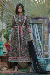 Black Cambric Printed A-line Kurta Pant Dupatta Set with Mask