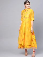 Mustard Cambric & Rayon Floral Print Jacket Style Kurta With Mask