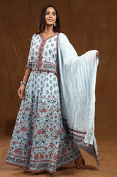 Blue Cambric Printed Flared Lehenga Choli Dupatta Set