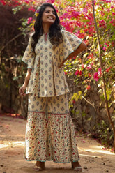 Beige Cambric Floral Print Tunic Sharara Set With Mask