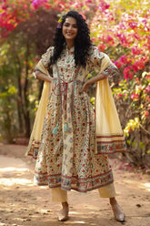 Beige Cambric Printed A-line Kurta Pant Dupatta Set with Mask