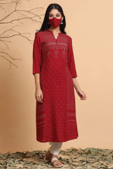 Maroon Rayon Slub Bandhani A-Line Kurta With Mask