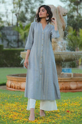 Grey Cotton Dobby Printed A-Line Kurta with Mask