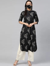 Black Rayon Slub Bandhani Straight Kurta With Mask