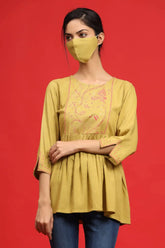 Olive Rayon Slub Polka Print Peplum Tunic With Mask