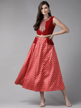 Maroon Velvet & Dull Satin Embroidered Flared Dress