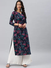 Women Navy Blue And Pink Floral Printed Blue Cotton Fabric Kurti