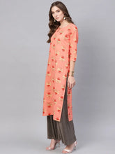 Women Coral Pink Beige Printed Straight Kurta