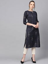 Women Navy Blue Off White Color Printed Straight Kurta