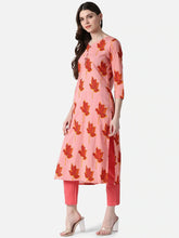 Women Pink Red Screen Floral Printed Straight Kurta
