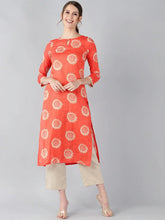 Women Coral Orange Beige Screen Printed Straight Kurta