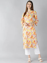 Women Grey Mustard Yellow Screen Floral Printed Straight Kurta