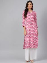 Women Pink White Screen Printed Straight Kurta