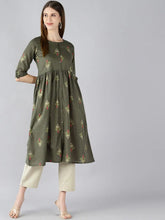 Women Cotton Green Ethnic Motifs Printed A Line Kurti