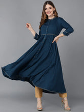 Women Teal Cotton Solid Solid Kurtas