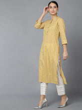 Women Mustard Cotton Striped Printed Kurtas