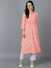 Women Peach Coloured White Ethnic Motifs Printed Kurta