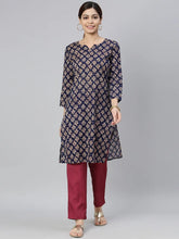 Women Navy Blue Beige Ethnic Motifs Printed Kurta