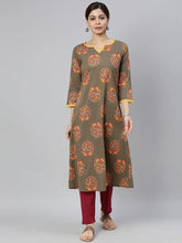 Women Taupe Yellow Floral Printed Kurta With Lace Detail