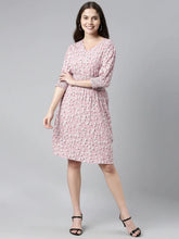 Women Mauve White Floral Print Crepe Fit Flare Dress