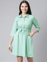 Green White Fit And Flare Dress With Waist Tie Ups