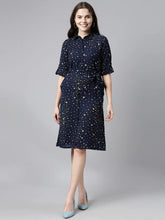 Navy Blue Poly Georgette Geometric Printed Sheath Dress With Belt