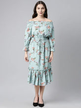 Blue Red Floral Print Off Shoulder Flounce Hem Midi Dress With Waist Tie Ups
