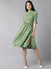 Women Green White Cotton Floral Dress