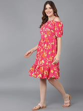 Women Coral Yellow Floral Printed Off Shoulder Fit And Flare Dress