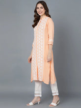 Women Peach Coloured White Floral Embroidered Thread Work Kurta