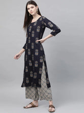 Women Regular Wear Cotton Fabric Printed Navy Blue Color Simple Kurta And Palazzo Set