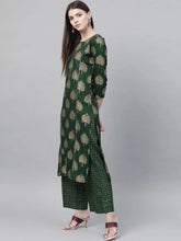 Women Casual Wear Cotton Fabric Dark Green Color Printed Trendy Kurta And Palazzo