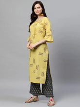 Women Regular Wear Cotton Fabric Printed Light Yellow Color Simple Kurta And Palazzo