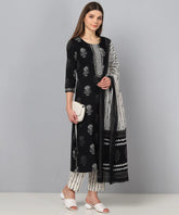 Women Black White Printed Kurta With Trousers Dupatta