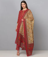 Women Maroon Brown Printed Kurta With Trousers Dupatta
