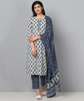 Women Blue Color Cotton Fabric Printed Fancy Kurta And Palazzo Dupatta Set
