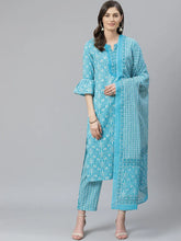 Women Blue White Printed Pure Cotton Kurta With Trousers
