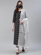 Women Cotton Black Ethnic Motifs Printed Straight Kurta Palazzo Dupatta Set
