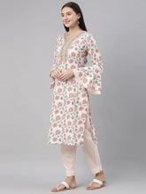 Women Cotton White Floral Printed Straight Kurta Pant Dupatta Set