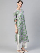 Women Cotton Green Ethnic Motifs Printed Straight Kurta Pant Dupatta Set 1