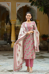 Women Cotton Grey Ethnic Motifs Printed Straight Kurta Trousers And Dupatta Set