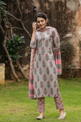 Women Cotton Grey Ethnic Motifs Printed Straight Kurta Trousers And Dupatta Set 1