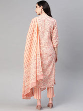 Women Cotton Orange Ethnic Motifs Printed Straight Kurta Trousers And Dupatta Set