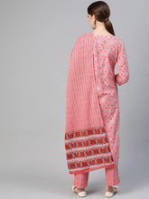 Women Cotton Pink Geometric Printed Straight Kurta Pant Dupatta Set