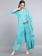 Women Turquoise Blue Ethnic Motifs Printed Pure Cotton Kurta With Trousers